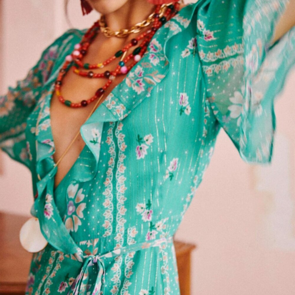 Sezane Floral Teal Maxi Dress - Size 38
